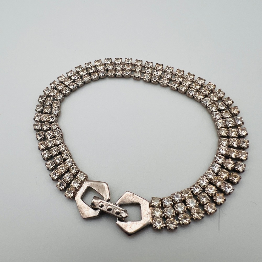 Vintage Rhinestone 3 Row Tennis Bracelet Art Deco Style Glamour Silver Tone